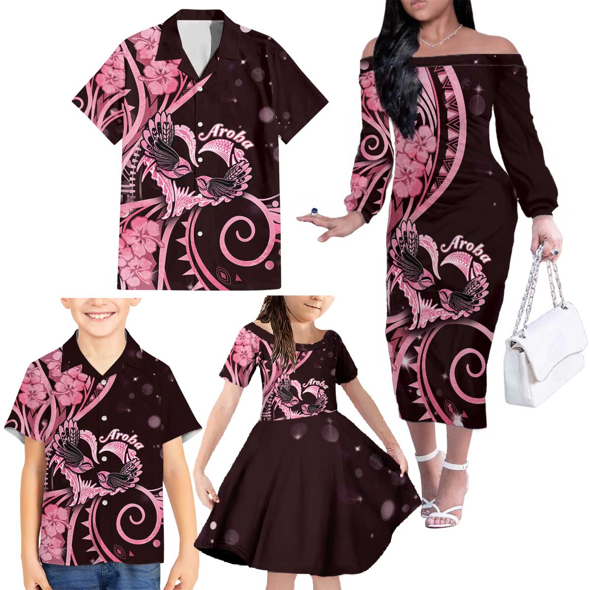 New Zealand Valentine Family Matching Off The Shoulder Long Sleeve Dress and Hawaiian Shirt Aroha Sweet Pink Piwakawaka LT05 Pink - Polynesian Pride