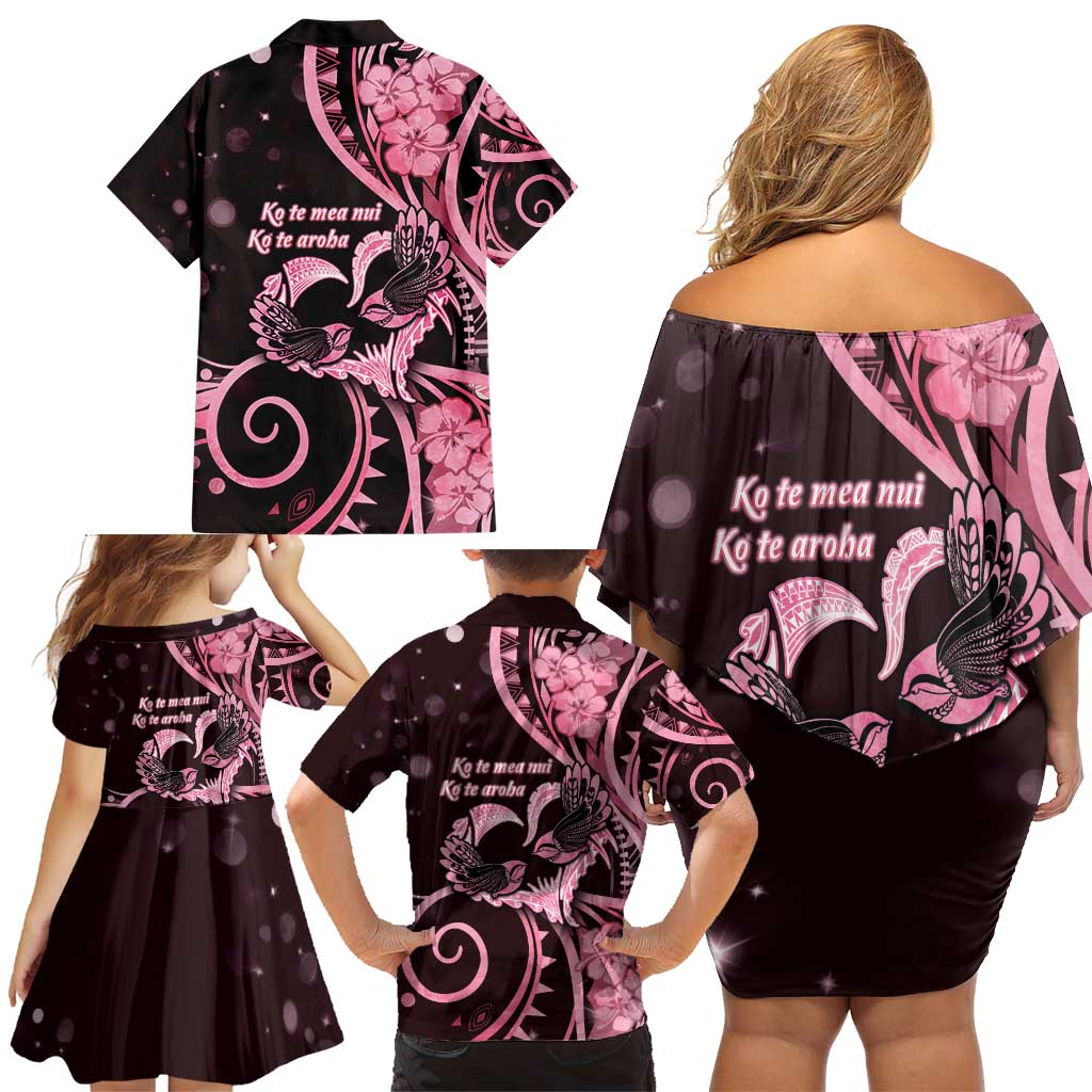 New Zealand Valentine Family Matching Off Shoulder Short Dress and Hawaiian Shirt Aroha Sweet Pink Piwakawaka LT05 - Polynesian Pride
