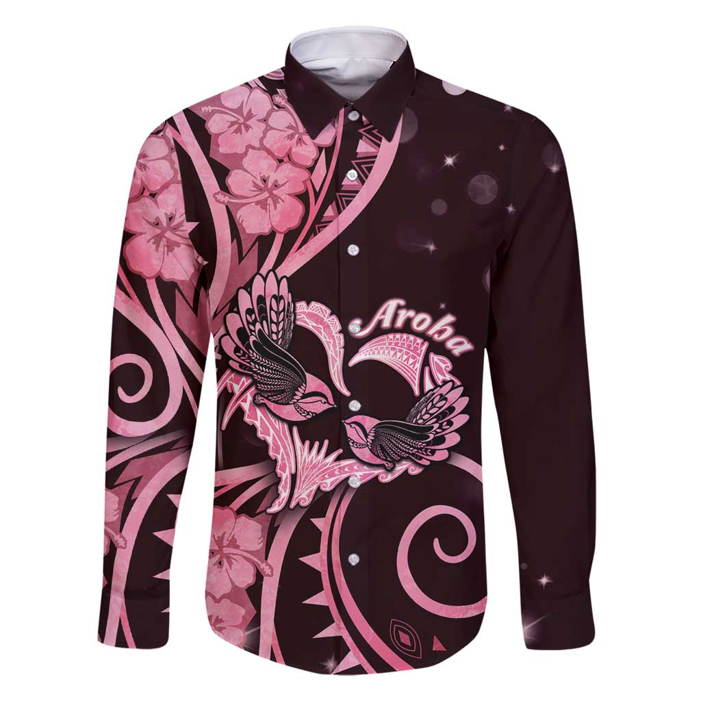 New Zealand Valentine Family Matching Off Shoulder Short Dress and Hawaiian Shirt Aroha Sweet Pink Piwakawaka LT05 Dad's Shirt - Long Sleeve Pink - Polynesian Pride