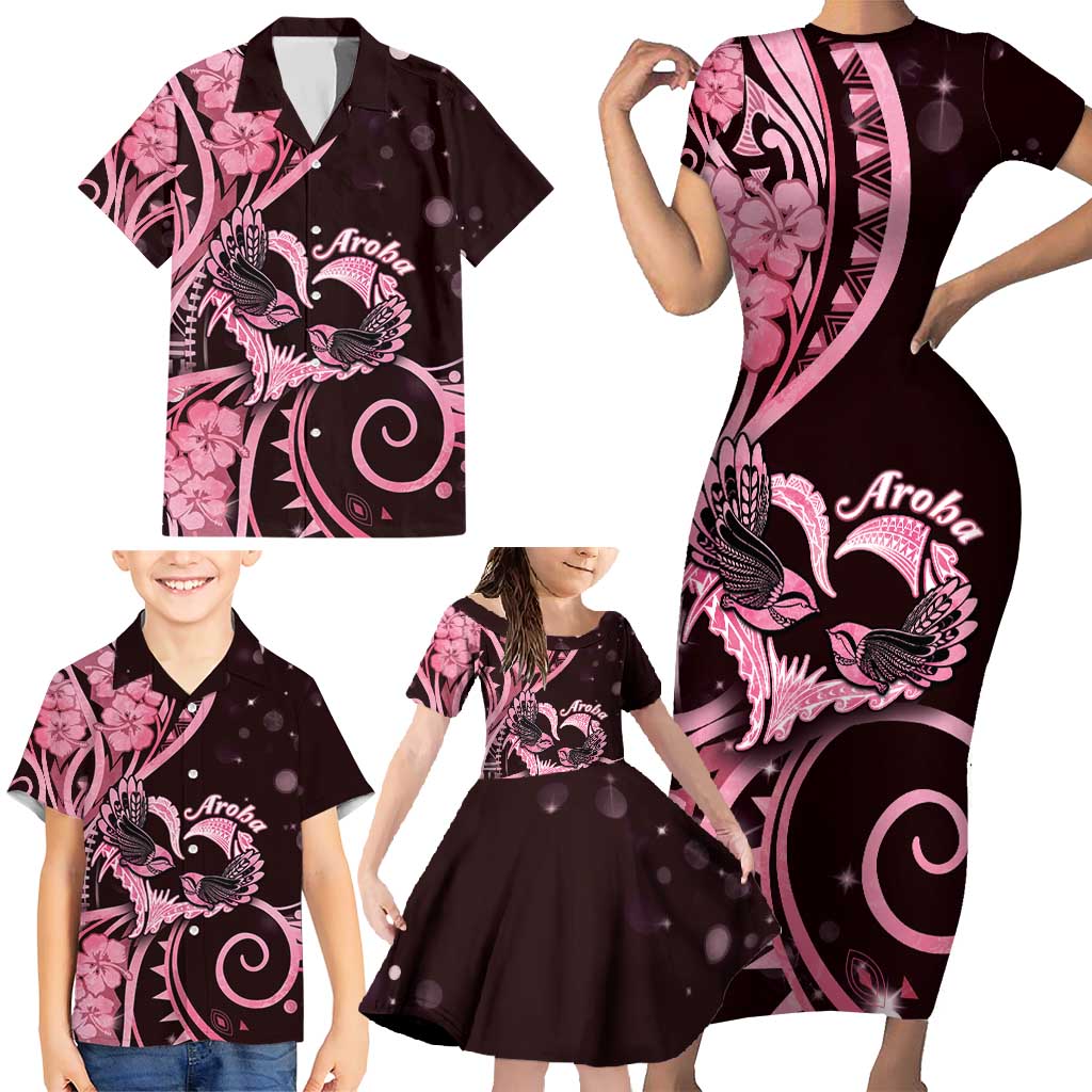 New Zealand Valentine Family Matching Short Sleeve Bodycon Dress and Hawaiian Shirt Aroha Sweet Pink Piwakawaka LT05 - Polynesian Pride