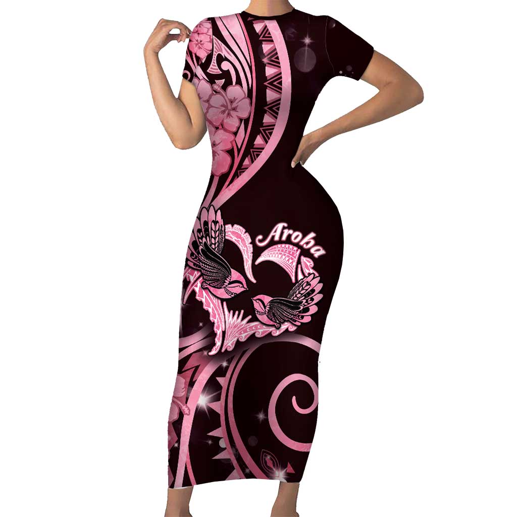 New Zealand Valentine Family Matching Short Sleeve Bodycon Dress and Hawaiian Shirt Aroha Sweet Pink Piwakawaka LT05 Mom's Dress Pink - Polynesian Pride