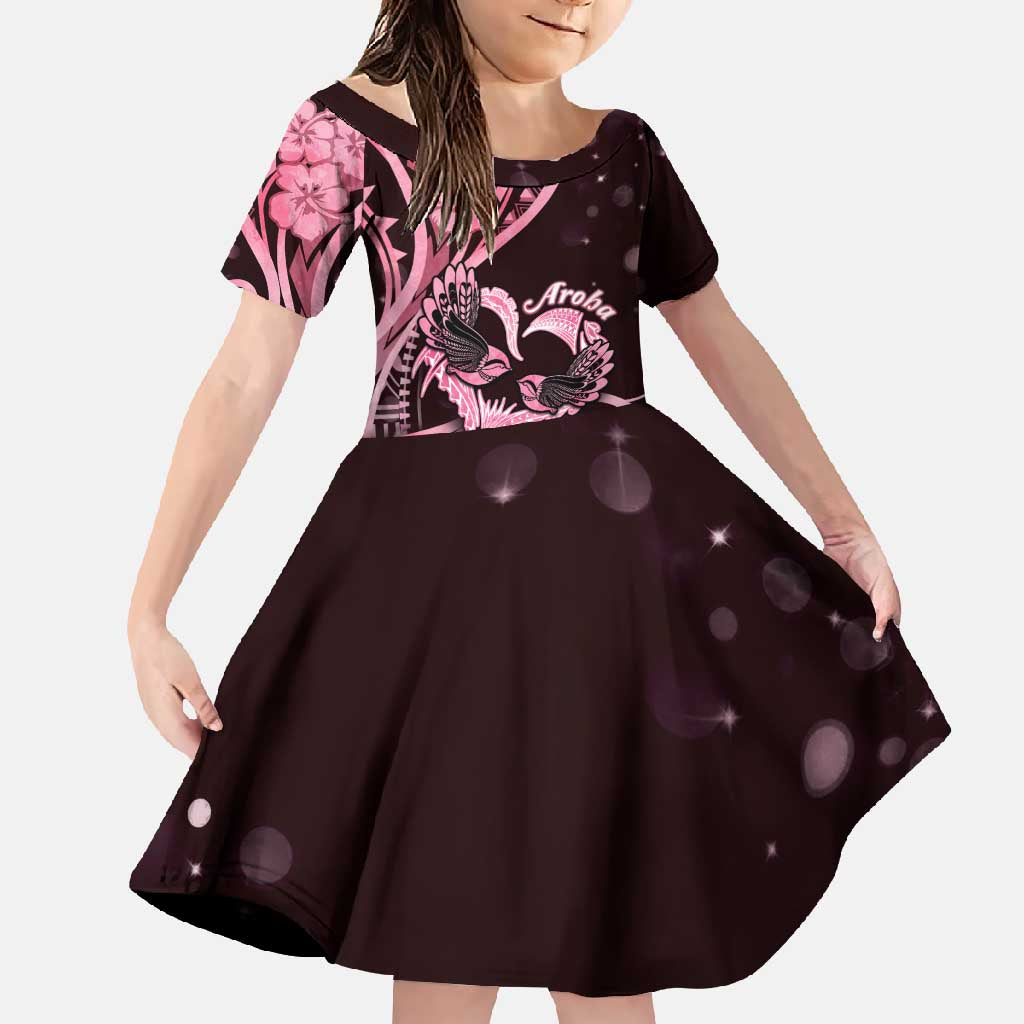 New Zealand Valentine Family Matching Tank Maxi Dress and Hawaiian Shirt Aroha Sweet Pink Piwakawaka LT05 Daughter's Dress Pink - Polynesian Pride