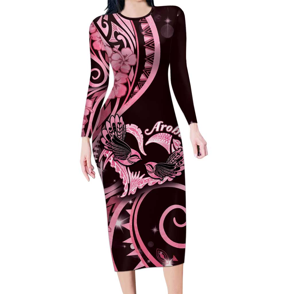 New Zealand Valentine Long Sleeve Bodycon Dress Aroha Sweet Pink Piwakawaka LT05 Long Dress Pink - Polynesian Pride