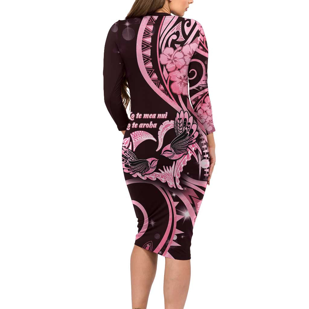 New Zealand Valentine Long Sleeve Bodycon Dress Aroha Sweet Pink Piwakawaka LT05 - Polynesian Pride
