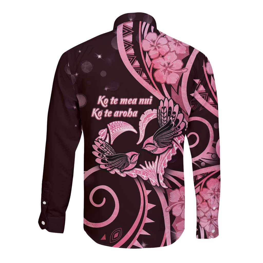 New Zealand Valentine Long Sleeve Button Shirt Aroha Sweet Pink Piwakawaka LT05 - Polynesian Pride