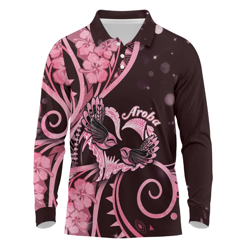 New Zealand Valentine Long Sleeve Polo Shirt Aroha Sweet Pink Piwakawaka LT05 Pink - Polynesian Pride