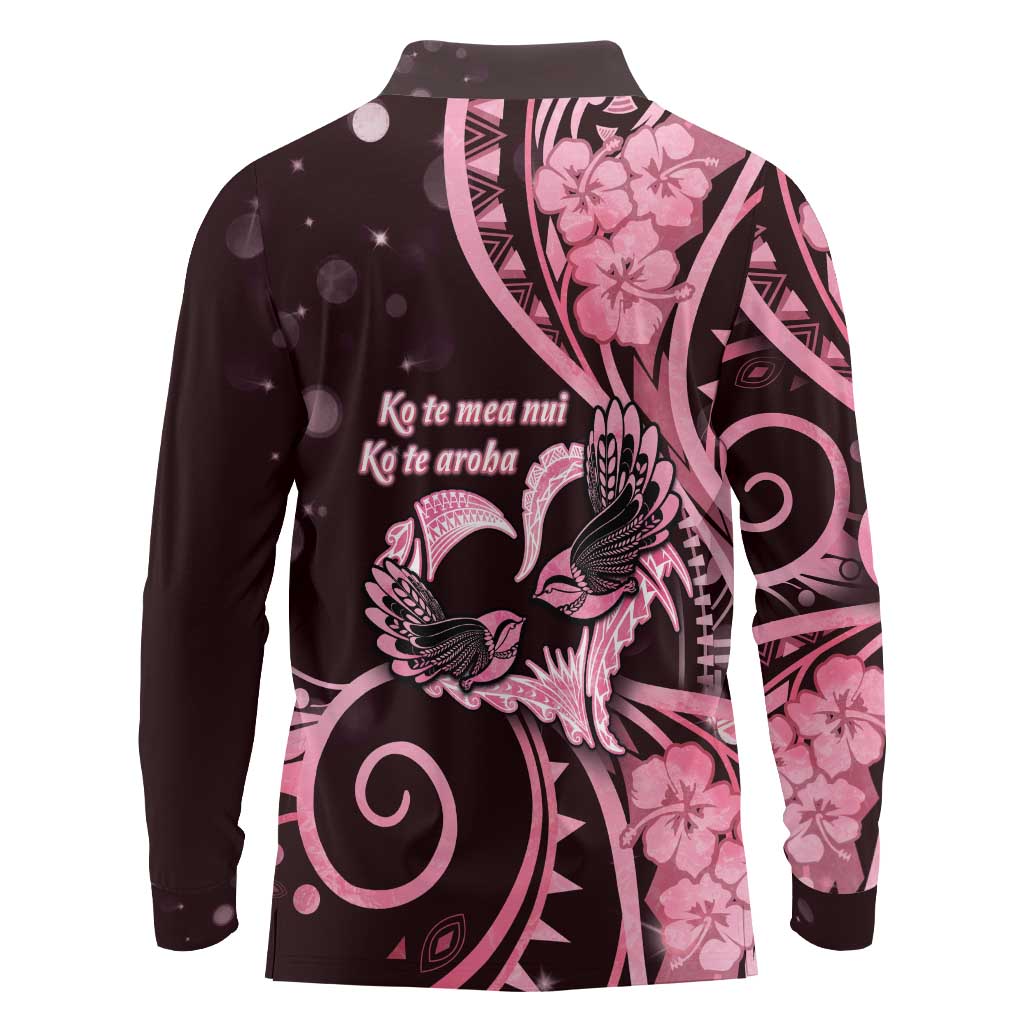 New Zealand Valentine Long Sleeve Polo Shirt Aroha Sweet Pink Piwakawaka LT05 - Polynesian Pride