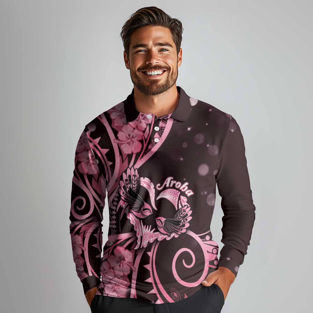 New Zealand Valentine Long Sleeve Polo Shirt Aroha Sweet Pink Piwakawaka LT05 - Polynesian Pride