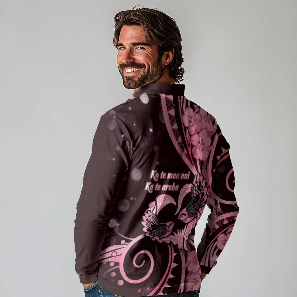 New Zealand Valentine Long Sleeve Polo Shirt Aroha Sweet Pink Piwakawaka LT05 - Polynesian Pride