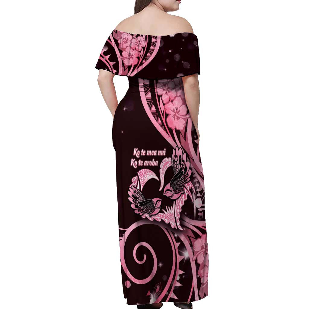 New Zealand Valentine Off Shoulder Maxi Dress Aroha Sweet Pink Piwakawaka LT05 - Polynesian Pride