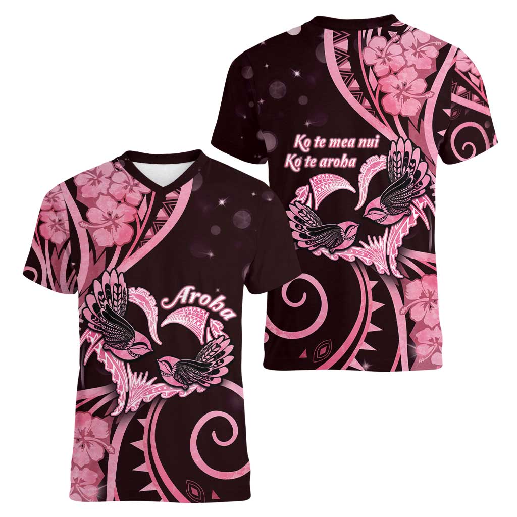 New Zealand Valentine Women V-Neck T-Shirt Aroha Sweet Pink Piwakawaka LT05 - Polynesian Pride