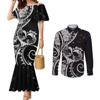 New Zealand Valentine Couples Matching Mermaid Dress and Long Sleeve Button Shirt Aroha Gray Piwakawaka LT05 Gray - Polynesian Pride