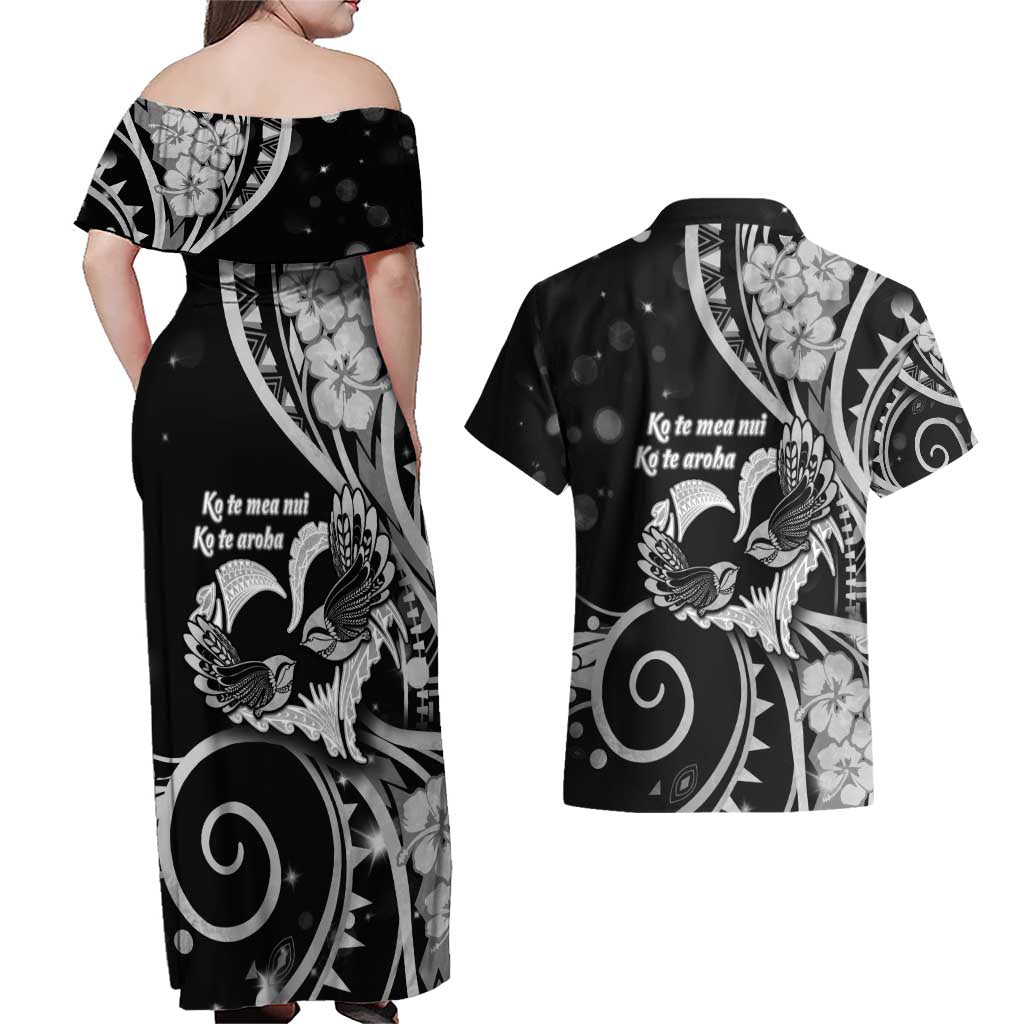 New Zealand Valentine Couples Matching Off Shoulder Maxi Dress and Hawaiian Shirt Aroha Gray Piwakawaka LT05 - Polynesian Pride