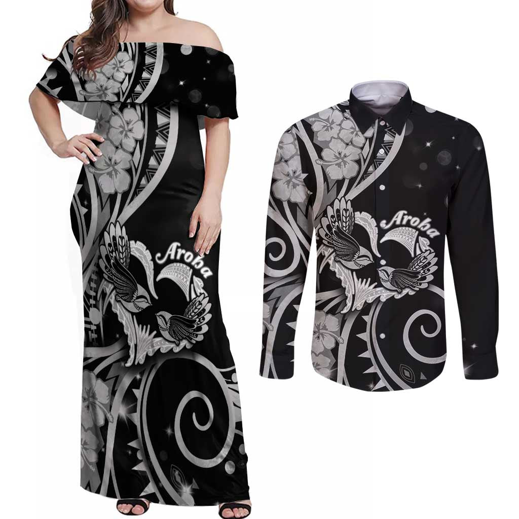New Zealand Valentine Couples Matching Off Shoulder Maxi Dress and Long Sleeve Button Shirt Aroha Gray Piwakawaka LT05 Gray - Polynesian Pride