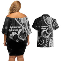 New Zealand Valentine Couples Matching Off Shoulder Short Dress and Hawaiian Shirt Aroha Gray Piwakawaka LT05 - Polynesian Pride