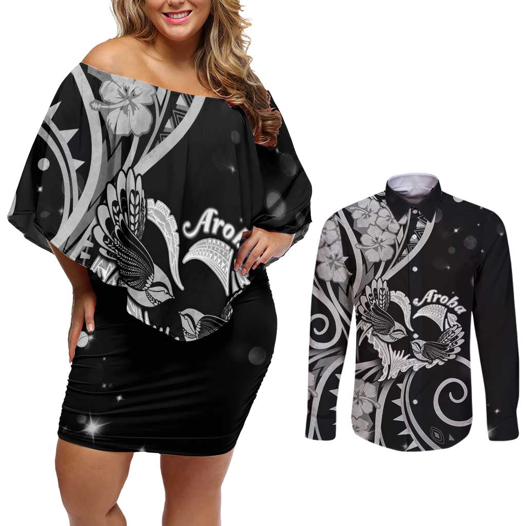 New Zealand Valentine Couples Matching Off Shoulder Short Dress and Long Sleeve Button Shirt Aroha Gray Piwakawaka LT05 Gray - Polynesian Pride