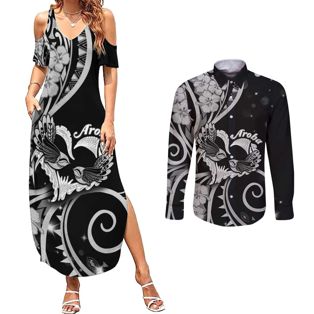 New Zealand Valentine Couples Matching Summer Maxi Dress and Long Sleeve Button Shirt Aroha Gray Piwakawaka LT05 Gray - Polynesian Pride