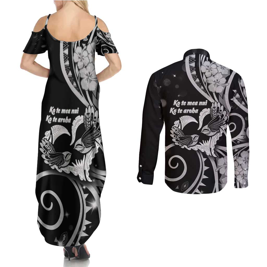 New Zealand Valentine Couples Matching Summer Maxi Dress and Long Sleeve Button Shirt Aroha Gray Piwakawaka LT05 - Polynesian Pride