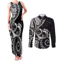New Zealand Valentine Couples Matching Tank Maxi Dress and Long Sleeve Button Shirt Aroha Gray Piwakawaka LT05 Gray - Polynesian Pride