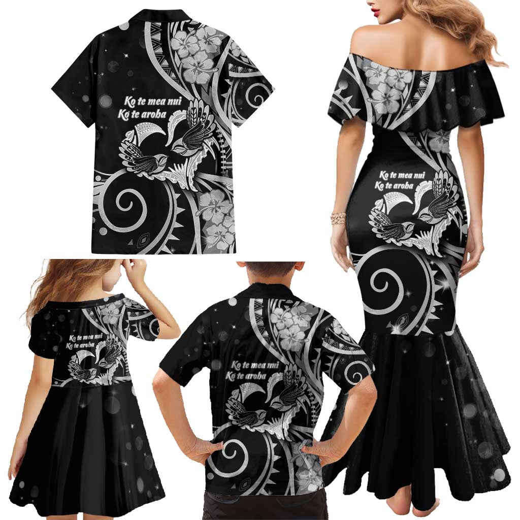 New Zealand Valentine Family Matching Mermaid Dress and Hawaiian Shirt Aroha Gray Piwakawaka LT05 - Polynesian Pride