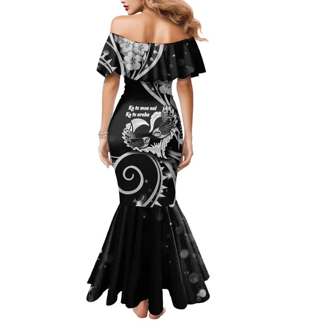 New Zealand Valentine Family Matching Mermaid Dress and Hawaiian Shirt Aroha Gray Piwakawaka LT05 - Polynesian Pride