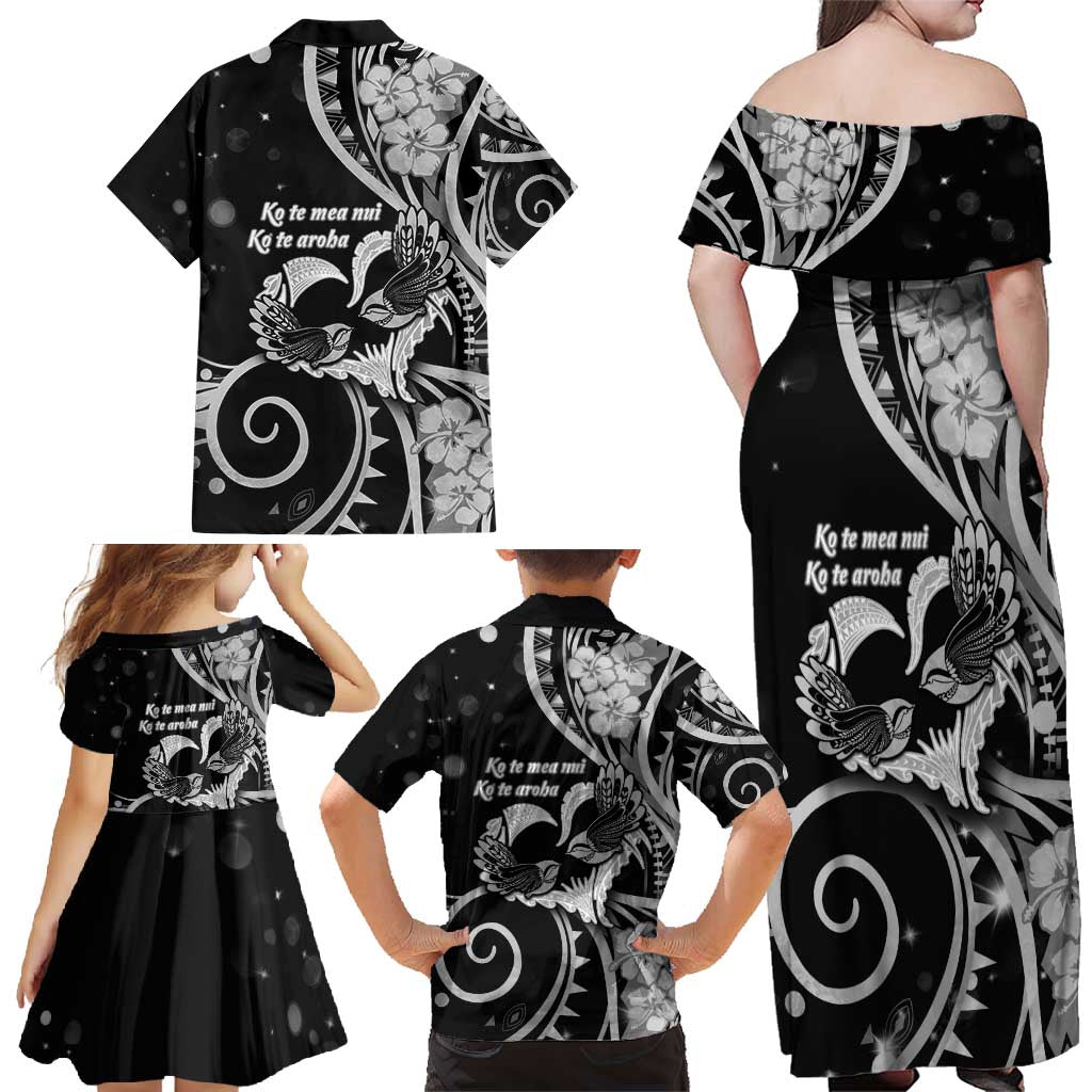 New Zealand Valentine Family Matching Off Shoulder Maxi Dress and Hawaiian Shirt Aroha Gray Piwakawaka LT05 - Polynesian Pride