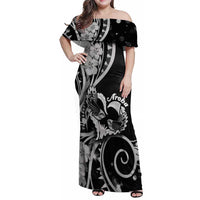 New Zealand Valentine Family Matching Off Shoulder Maxi Dress and Hawaiian Shirt Aroha Gray Piwakawaka LT05 Mom's Dress Gray - Polynesian Pride