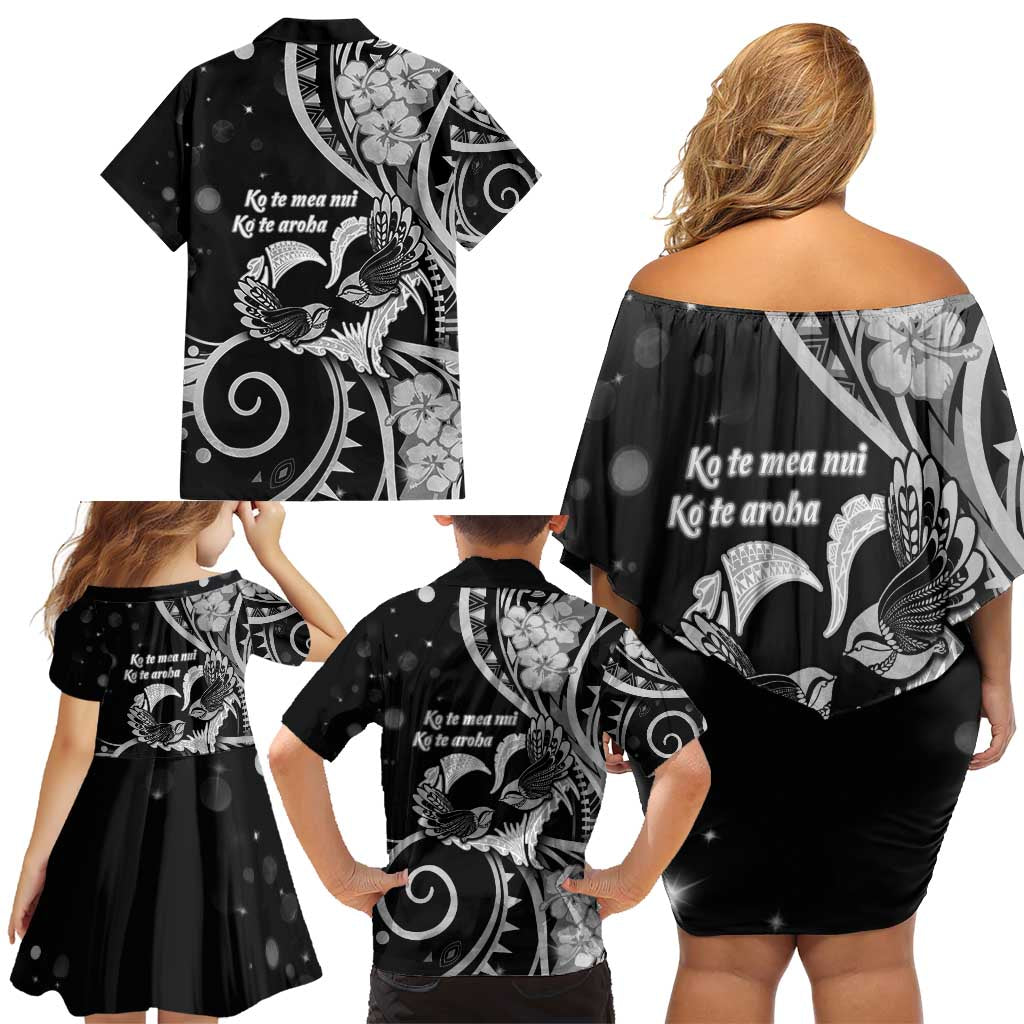 New Zealand Valentine Family Matching Off Shoulder Short Dress and Hawaiian Shirt Aroha Gray Piwakawaka LT05 - Polynesian Pride