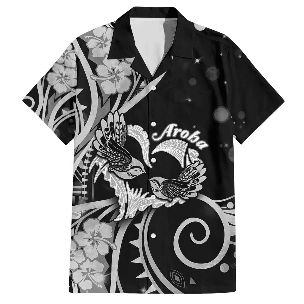 New Zealand Valentine Family Matching Off Shoulder Short Dress and Hawaiian Shirt Aroha Gray Piwakawaka LT05 Dad's Shirt - Short Sleeve Gray - Polynesian Pride
