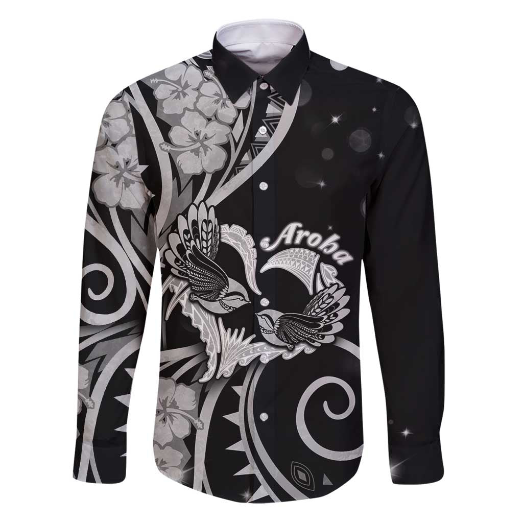 New Zealand Valentine Family Matching Puletasi and Hawaiian Shirt Aroha Gray Piwakawaka LT05 Dad's Shirt - Long Sleeve Gray - Polynesian Pride