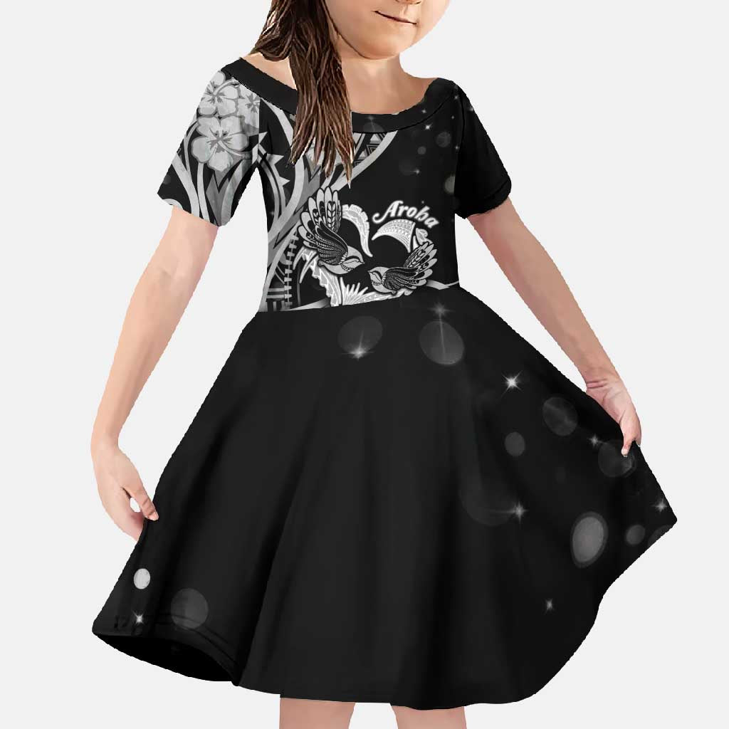 New Zealand Valentine Family Matching Short Sleeve Bodycon Dress and Hawaiian Shirt Aroha Gray Piwakawaka LT05 Daughter's Dress Gray - Polynesian Pride
