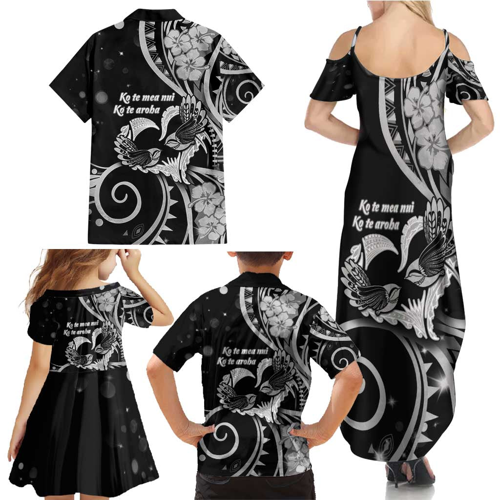 New Zealand Valentine Family Matching Summer Maxi Dress and Hawaiian Shirt Aroha Gray Piwakawaka LT05 - Polynesian Pride