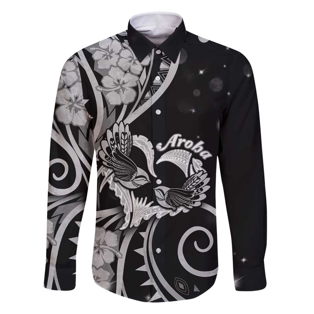 New Zealand Valentine Family Matching Tank Maxi Dress and Hawaiian Shirt Aroha Gray Piwakawaka LT05 Dad's Shirt - Long Sleeve Gray - Polynesian Pride