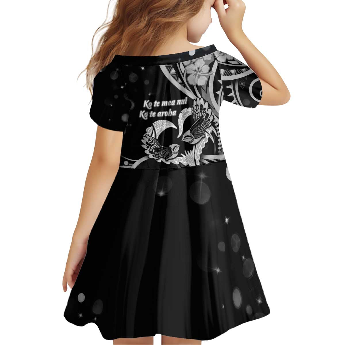 New Zealand Valentine Kid Short Sleeve Dress Aroha Gray Piwakawaka LT05 - Polynesian Pride