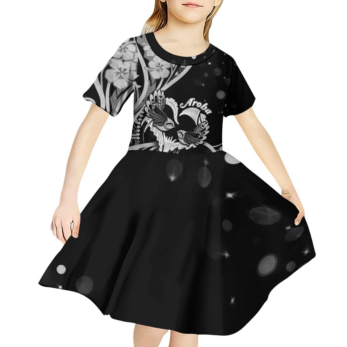 New Zealand Valentine Kid Short Sleeve Dress Aroha Gray Piwakawaka LT05 - Polynesian Pride