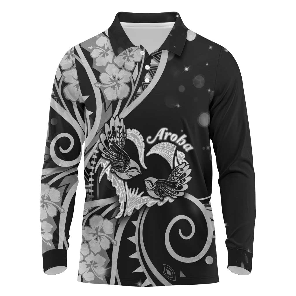 New Zealand Valentine Long Sleeve Polo Shirt Aroha Gray Piwakawaka LT05 Gray - Polynesian Pride