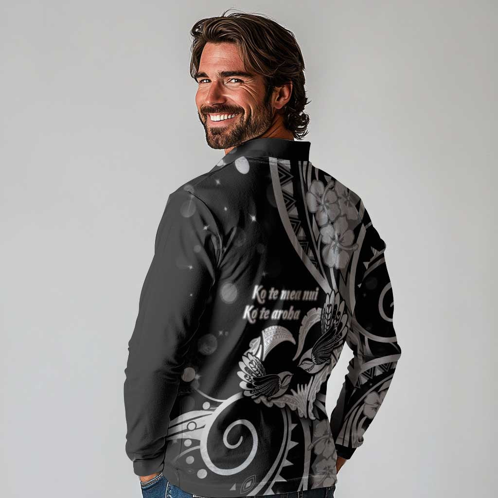 New Zealand Valentine Long Sleeve Polo Shirt Aroha Gray Piwakawaka LT05 - Polynesian Pride