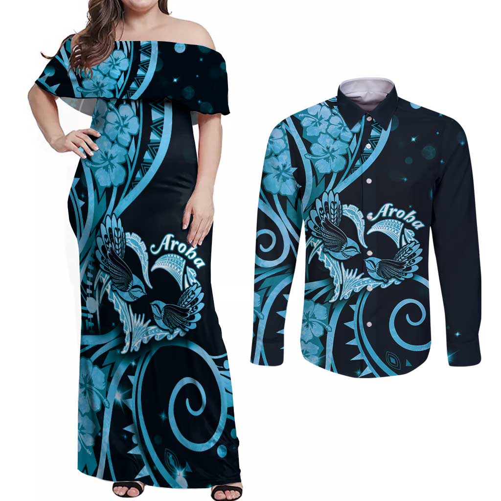 New Zealand Valentine Couples Matching Off Shoulder Maxi Dress and Long Sleeve Button Shirt Aroha Cyan Piwakawaka LT05 Cyan - Polynesian Pride