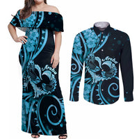 New Zealand Valentine Couples Matching Off Shoulder Maxi Dress and Long Sleeve Button Shirt Aroha Cyan Piwakawaka LT05 Cyan - Polynesian Pride