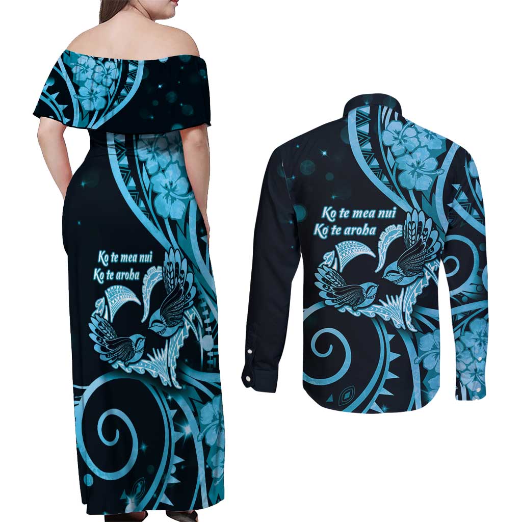 New Zealand Valentine Couples Matching Off Shoulder Maxi Dress and Long Sleeve Button Shirt Aroha Cyan Piwakawaka LT05 - Polynesian Pride