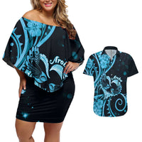 New Zealand Valentine Couples Matching Off Shoulder Short Dress and Hawaiian Shirt Aroha Cyan Piwakawaka LT05 Cyan - Polynesian Pride