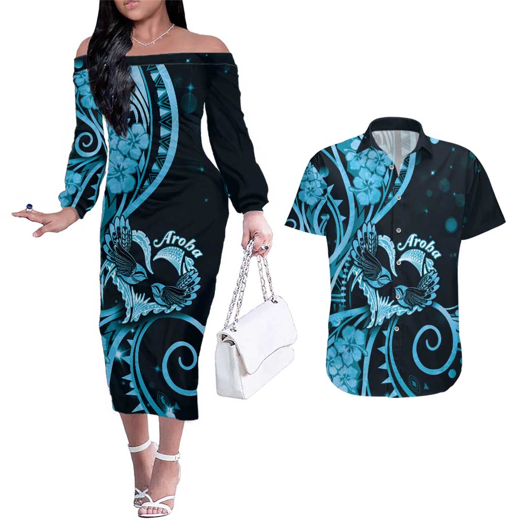 New Zealand Valentine Couples Matching Off The Shoulder Long Sleeve Dress and Hawaiian Shirt Aroha Cyan Piwakawaka LT05 Cyan - Polynesian Pride