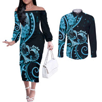 New Zealand Valentine Couples Matching Off The Shoulder Long Sleeve Dress and Long Sleeve Button Shirt Aroha Cyan Piwakawaka LT05 Cyan - Polynesian Pride