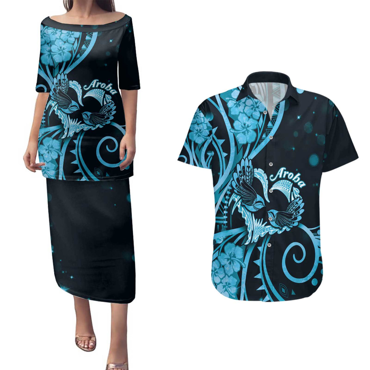 New Zealand Valentine Couples Matching Puletasi and Hawaiian Shirt Aroha Cyan Piwakawaka LT05 Cyan - Polynesian Pride