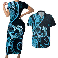 New Zealand Valentine Couples Matching Short Sleeve Bodycon Dress and Hawaiian Shirt Aroha Cyan Piwakawaka LT05 Cyan - Polynesian Pride