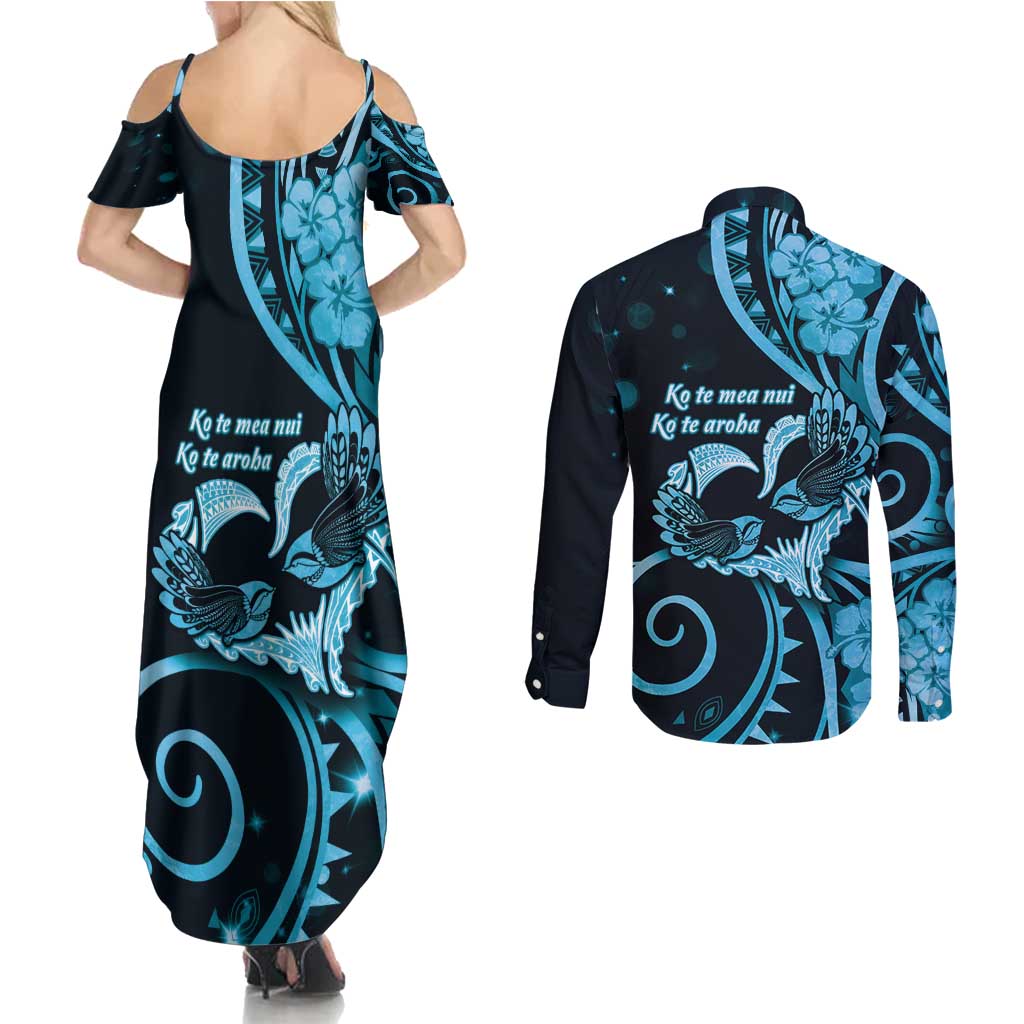 New Zealand Valentine Couples Matching Summer Maxi Dress and Long Sleeve Button Shirt Aroha Cyan Piwakawaka LT05 - Polynesian Pride