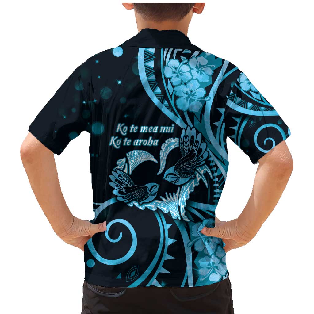 New Zealand Valentine Family Matching Mermaid Dress and Hawaiian Shirt Aroha Cyan Piwakawaka LT05 - Polynesian Pride