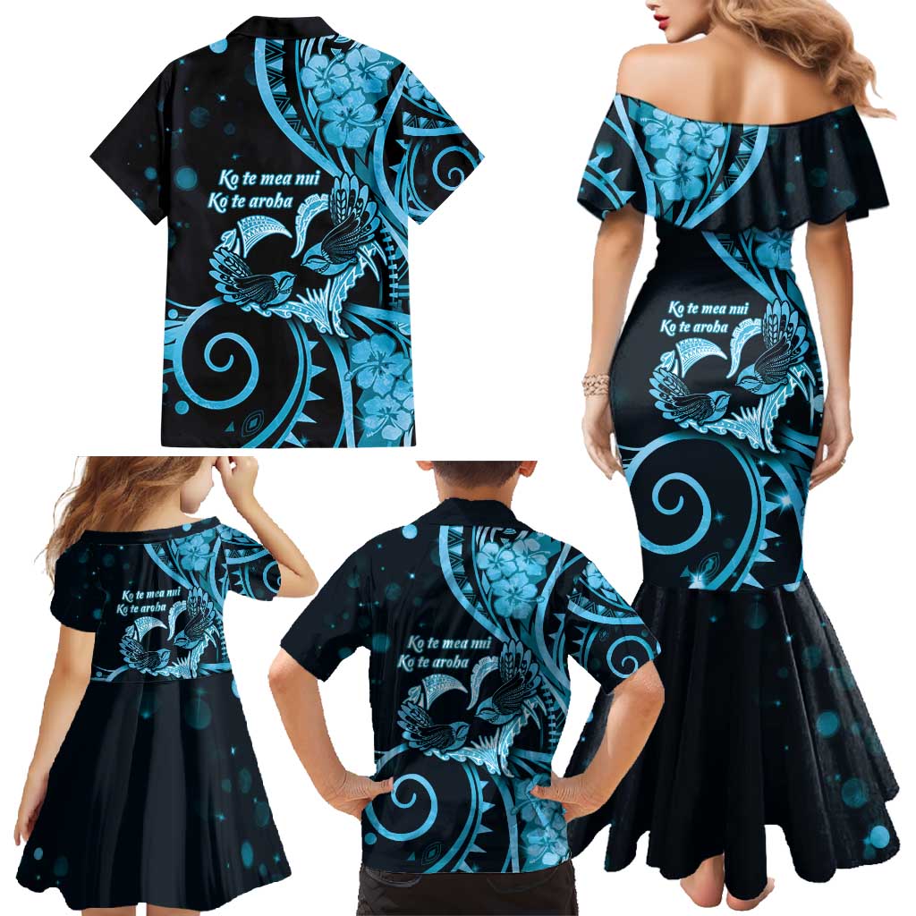 New Zealand Valentine Family Matching Mermaid Dress and Hawaiian Shirt Aroha Cyan Piwakawaka LT05 - Polynesian Pride