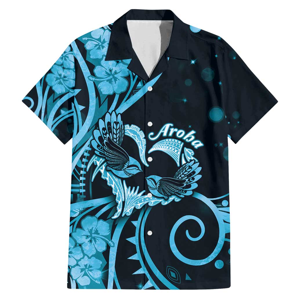 New Zealand Valentine Family Matching Mermaid Dress and Hawaiian Shirt Aroha Cyan Piwakawaka LT05 Dad's Shirt - Short Sleeve Cyan - Polynesian Pride