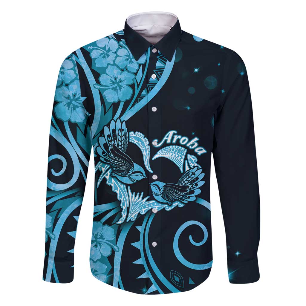 New Zealand Valentine Family Matching Mermaid Dress and Hawaiian Shirt Aroha Cyan Piwakawaka LT05 Dad's Shirt - Long Sleeve Cyan - Polynesian Pride